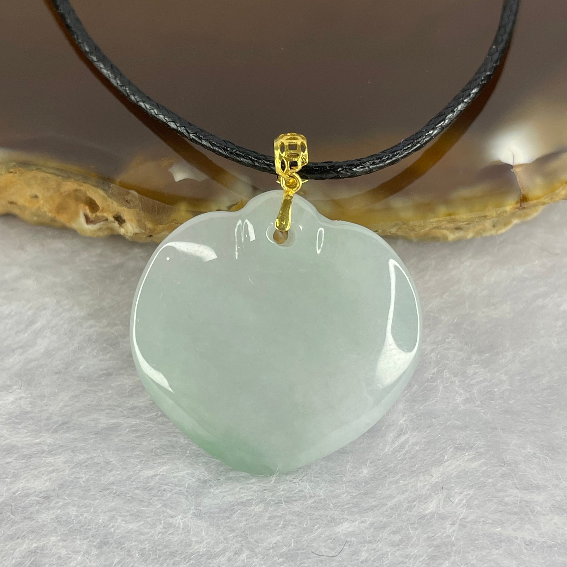 18K Yellow Gold Type A Light Lavender Green Jadeite Heart with String Necklace 4.99g 23.0 by 22.3 by 4.4mm - Huangs Jadeite and Jewelry Pte Ltd