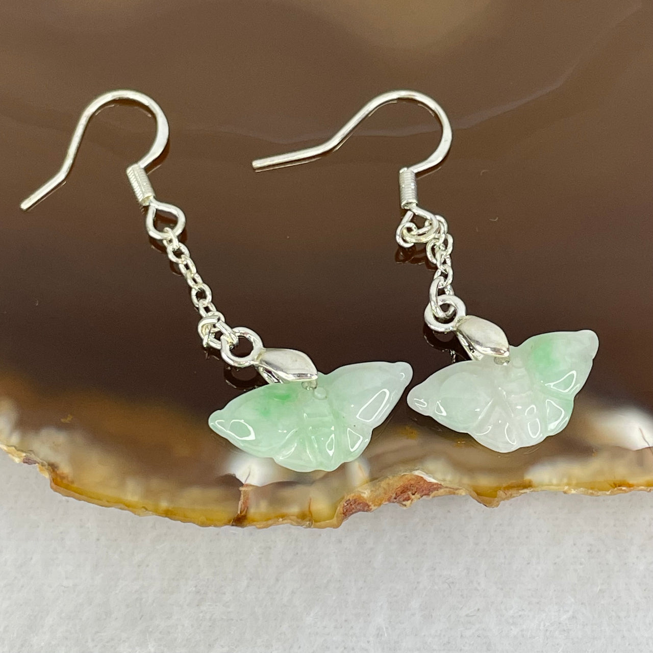 Type A Light Green Jadeite Butterfly in S925 Sliver Earrings 2.51g 17.8 by 9.7 by 3.3mm