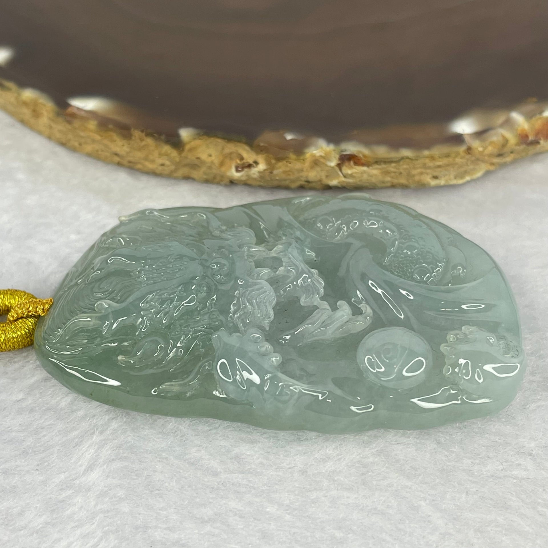 Rare Type A Semi Icy Translucent Sky Blue (Faint Blueish Green) Jadeite Dragon Pendant including Necklace 罕见A货冰糯总天空蓝翡翠龙牌 65.11g 65.67 by 41.90 by 12.10mm with NGI Cert No. 82823873 - Huangs Jadeite and Jewelry Pte Ltd