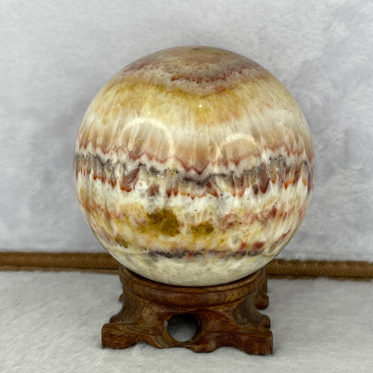 Natural Orange Yellow Red Pink Calcite Sphere Ball with Solid Wooden Stand 1,079.4g 100.0 by Diameter 88.5 mm - Huangs Jadeite and Jewelry Pte Ltd