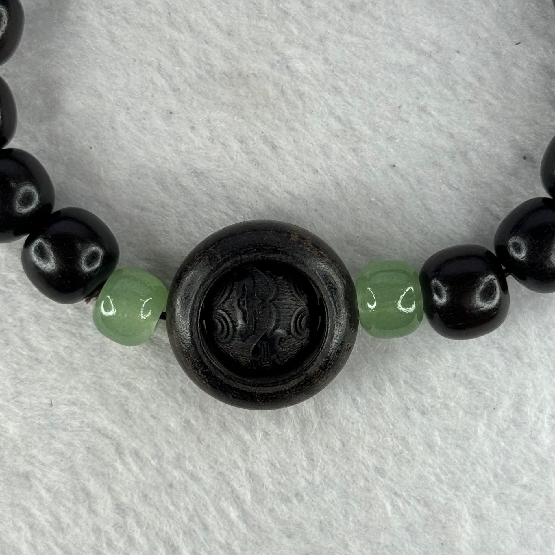 Natural Black Ebony Wood Beads with Movable Pixiu Pair and Coin Bead Bracelet 天然黑檀木珠手链 15.19g 16.5cm 10.0mm 17 Beads - Huangs Jadeite and Jewelry Pte Ltd