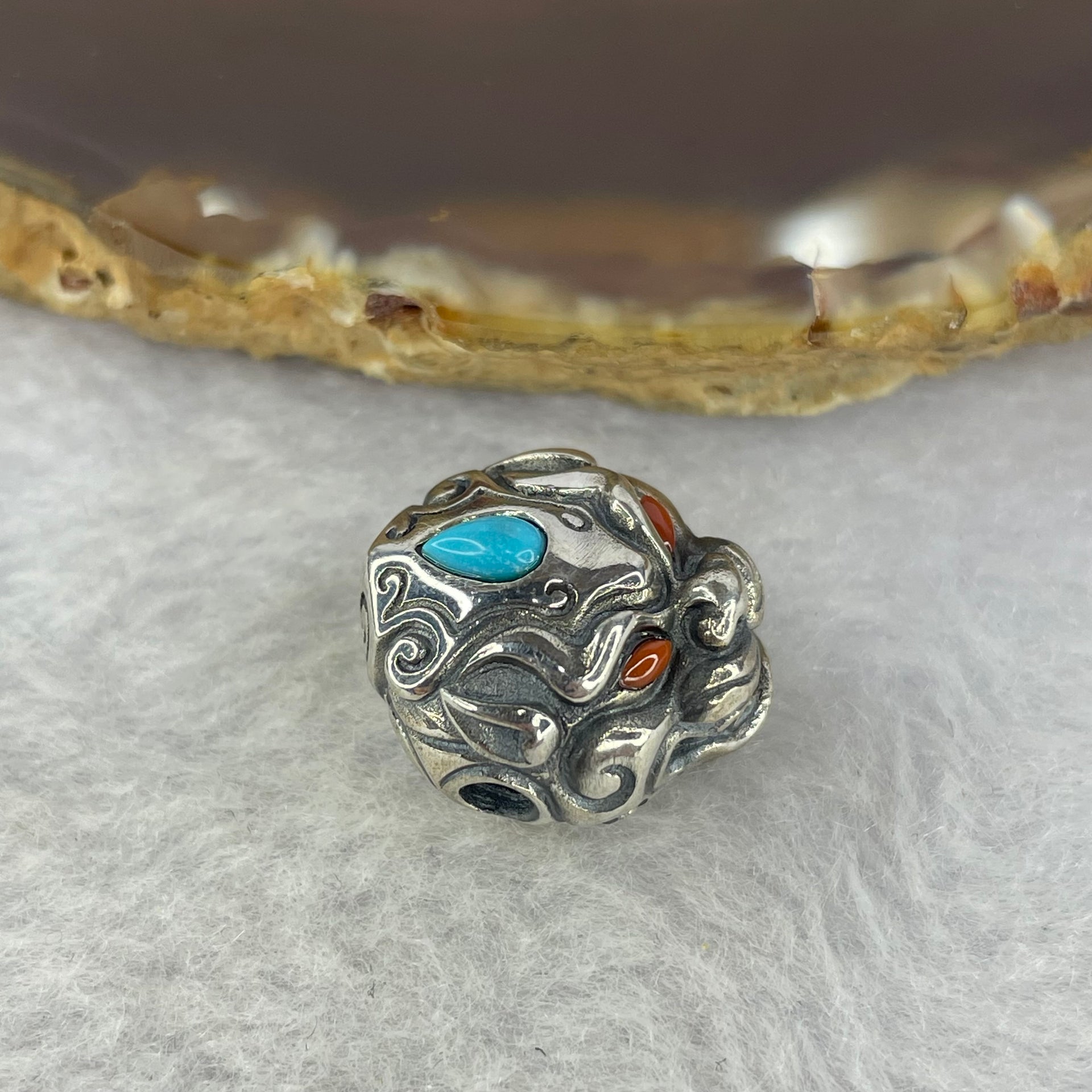 925 Sliver Pixiu with Turquoise Eyes and Red Nan Hong Agate Bracelet Charm 7.34g 16.4 by 16.8 by 12.2mm - Huangs Jadeite and Jewelry Pte Ltd