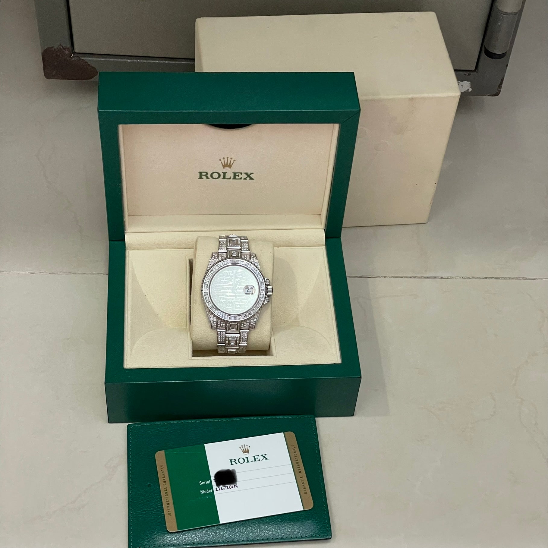 (Pre-Love) Rolex Diamond Ice GMT Master 2 Stainless Steel Custom Diamonds 40mm Model 116710LN Dec 2017 with Box and Authentication Card - Huangs Jadeite and Jewelry Pte Ltd