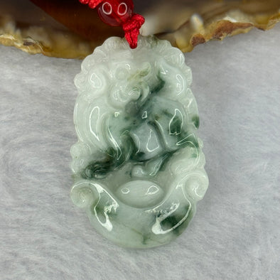 Type A Light Green with Blueish Green Piao Hua Jadeite Dog Pendent 10.11g 35.1 by 22.5 by 5.9mm