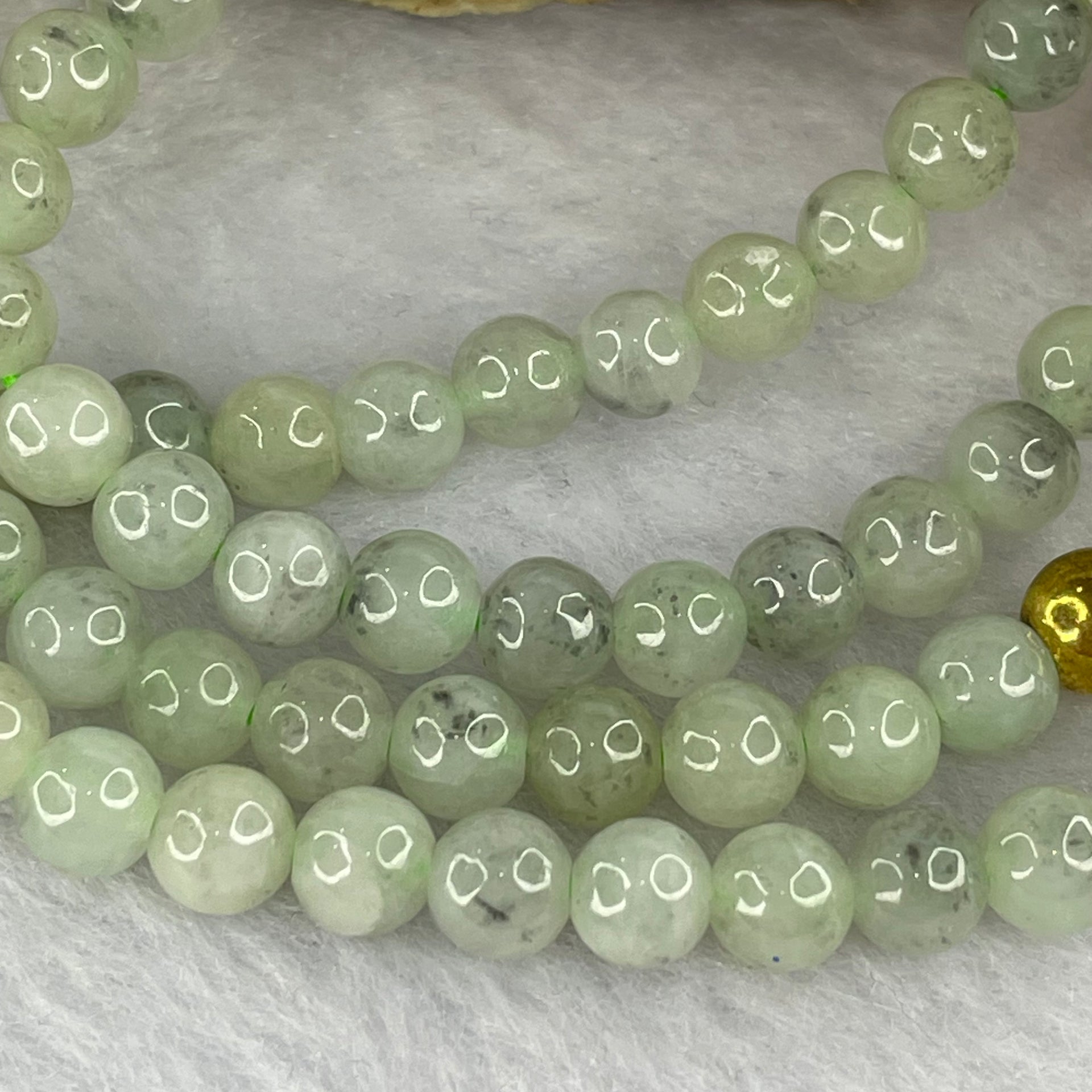 Type A Semi Icy Green with Wuji Grey Piao Hua Beads Necklace 104 Beads 5.5mm 32.18g - Huangs Jadeite and Jewelry Pte Ltd