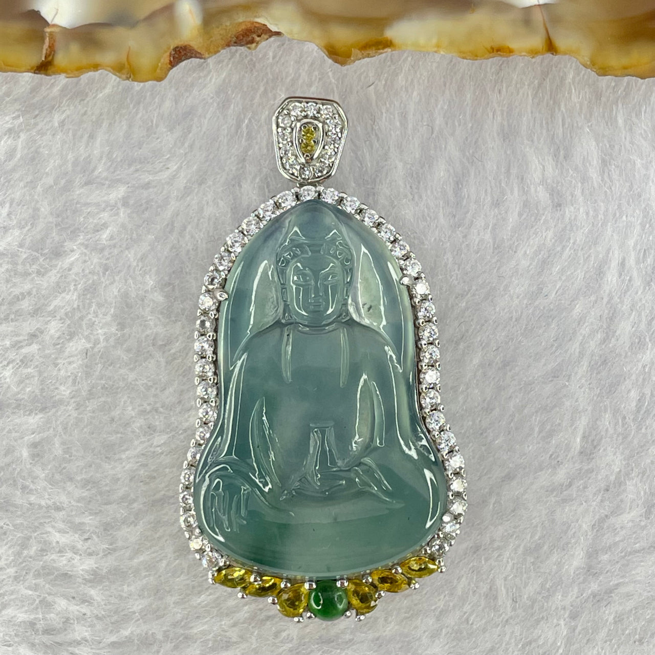 Type A Icy Light Blueish Green Jadeite Guan Yin in S925 Sliver Pendent 7.40g 28.0 by 19.1 by 3.0mm