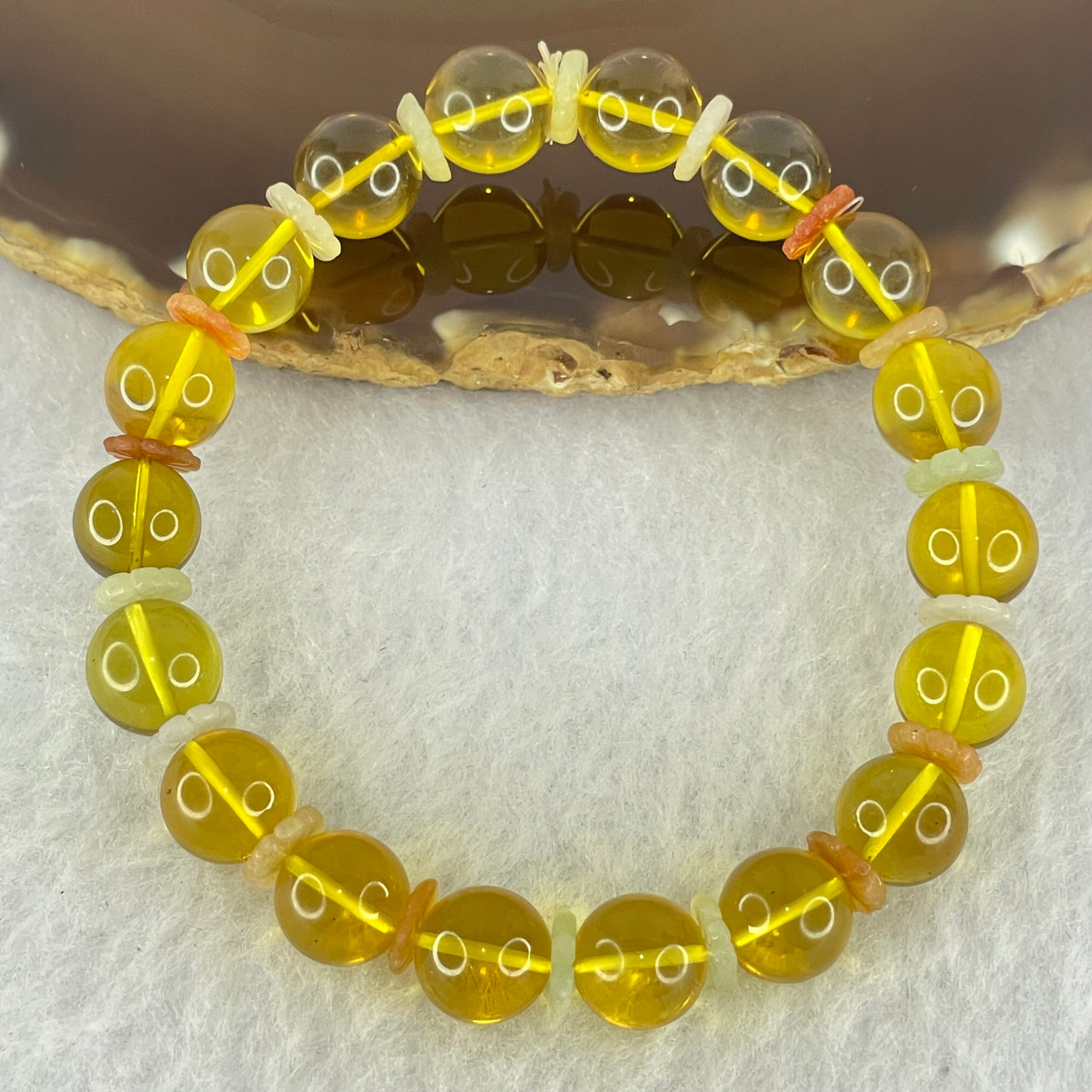 Very Good Natural Yellow Amber Beads Bracelet 8.67g 15.5cm 9.4mm 19 Beads