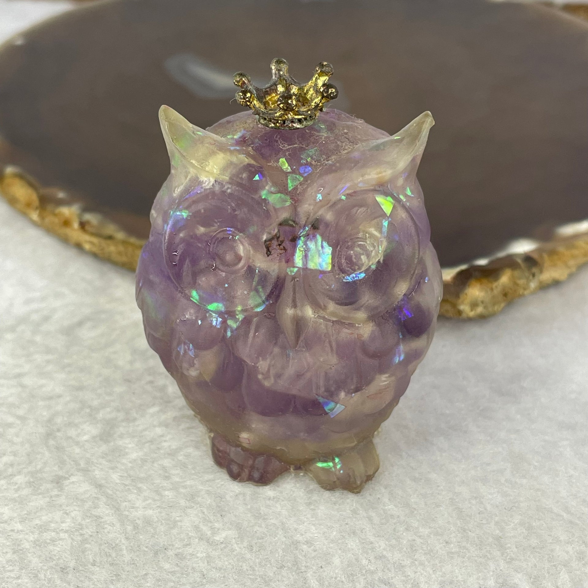 Acrylic with Natural Stones and Amethyst Owl Mini Display 93.13g 54.5 by 43.4 by 40.8mm - Huangs Jadeite and Jewelry Pte Ltd