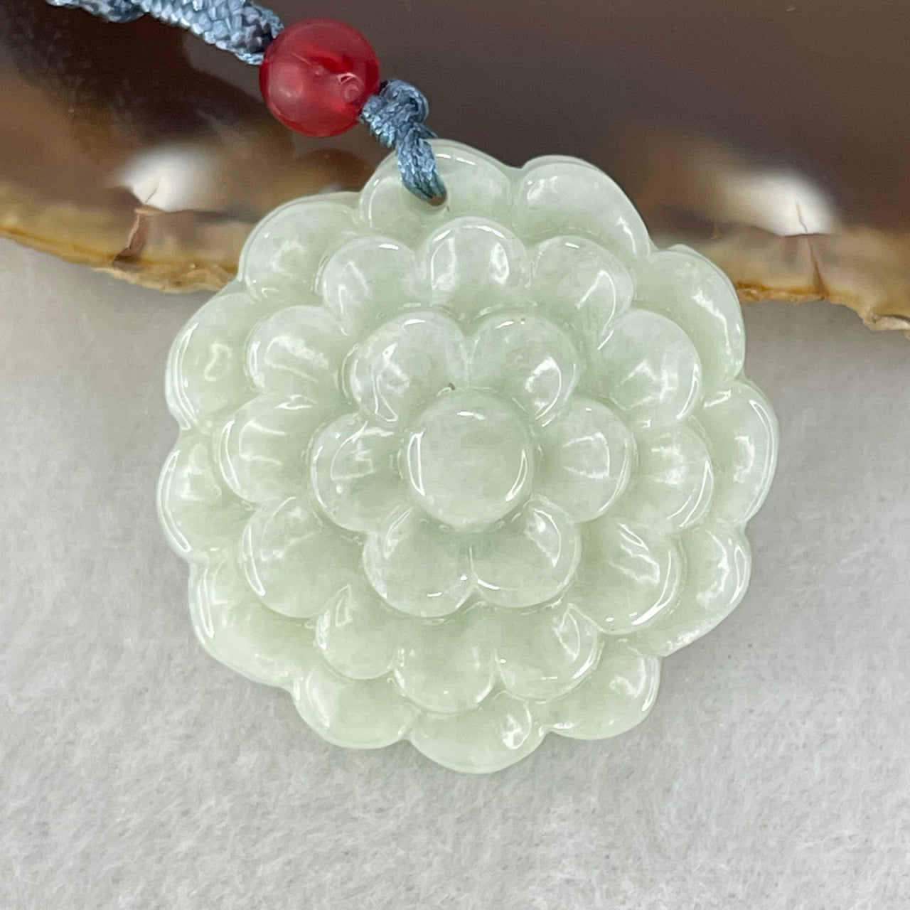 Type A Light Green Jadeite Prosperity Flower Pendant 14.69g 31.8 by 6.1mm