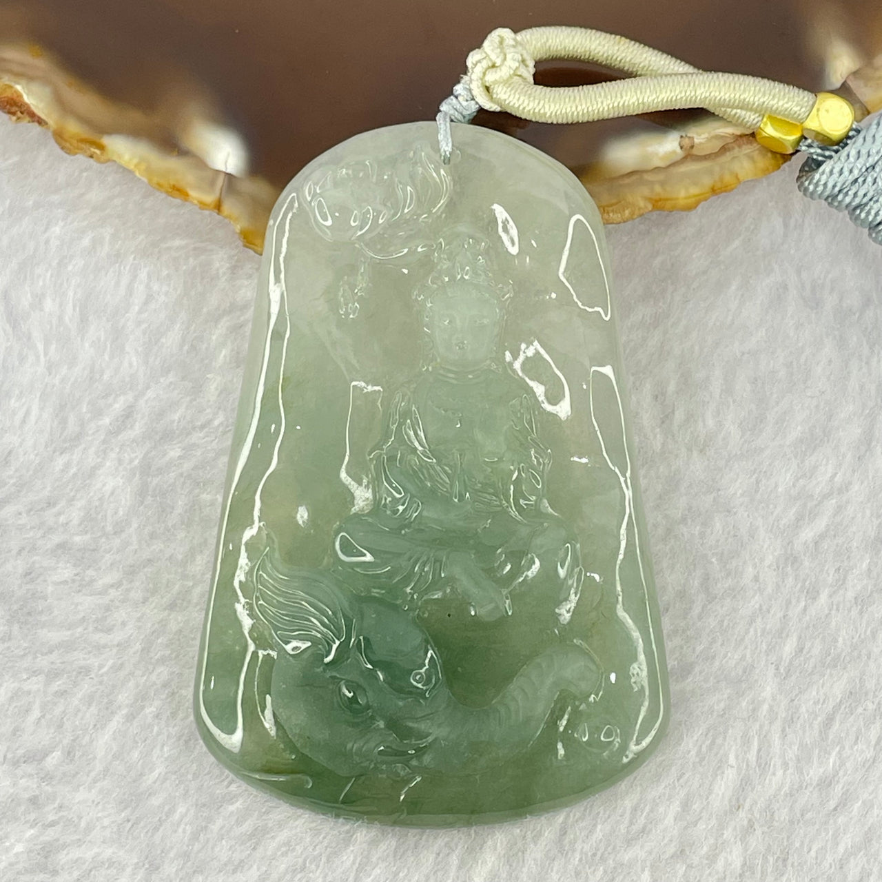 Type A Semi Icy Blueish Green Jadeite Guan Yin With Elephant and Flower Samantha Bodhisattva Pendant 31.38g 58.4 by 38.8 by 7.2mm