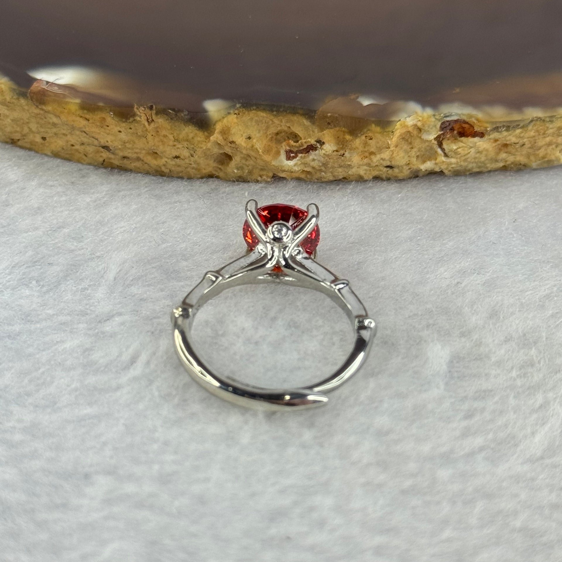 Red Moissanite in 925 Sliver Bamboo Shape Ring (Adjustable Size) S925银红莫桑石戒指 2.5mm 7.5 by 5.0mm - Huangs Jadeite and Jewelry Pte Ltd