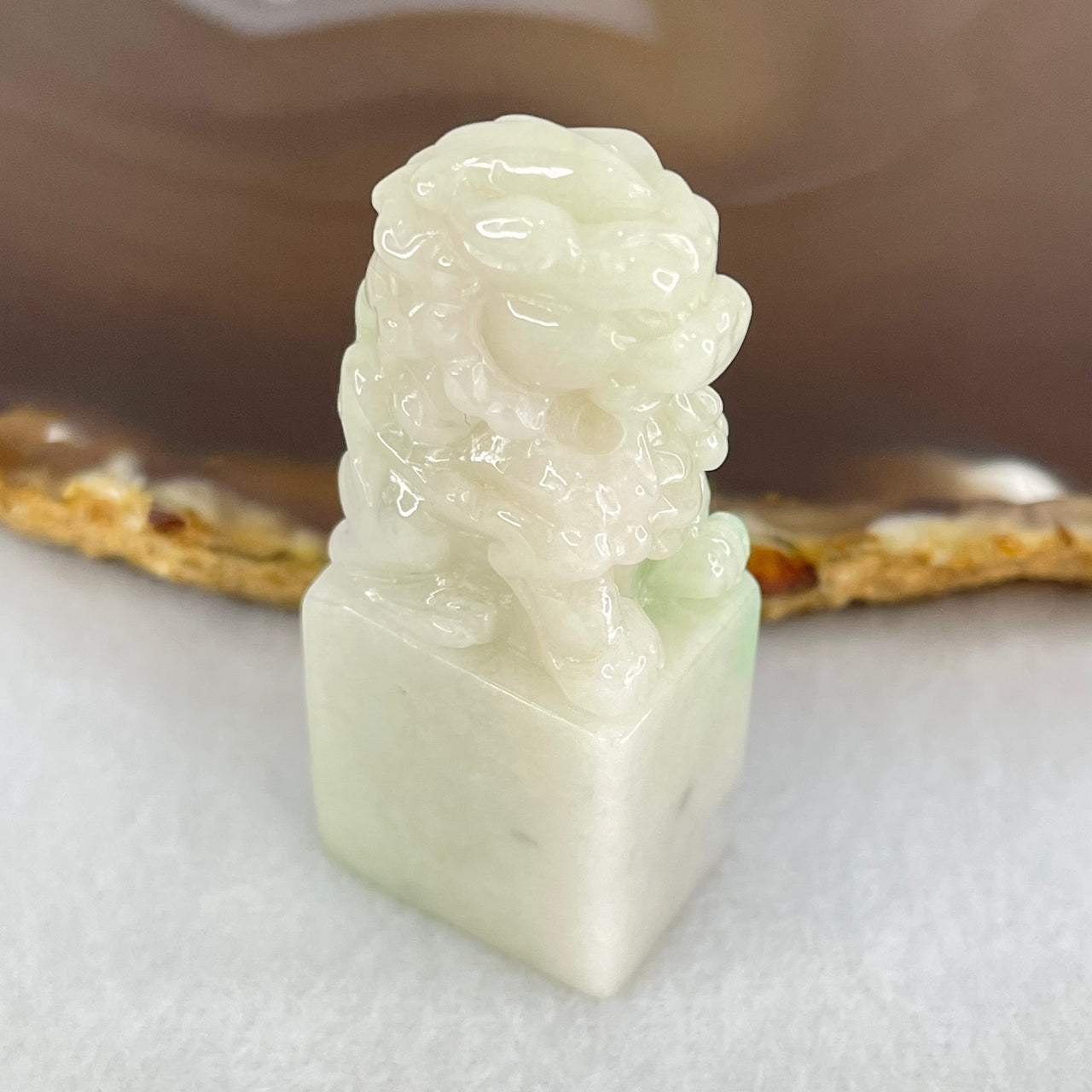 Type A Faint Green Lavender Patches Jadeite Fu Dog Seal Display 32.97g 47.5 by 19.8 by 14.8mm