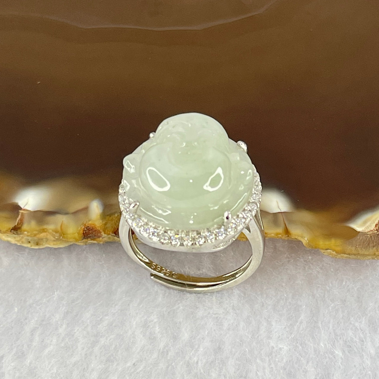 Type A Faint Lavender Green Jadeite Milo Buddha in S925 Ring (Adjustable Size) 6.24g 15.7 by 15.7 by 7.5mm