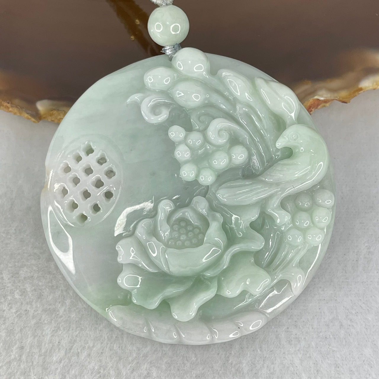 Type A Green Lavender Jadeite Double Sided Flower with Bird Pendant 67.66g 56.9 by 10.8mm