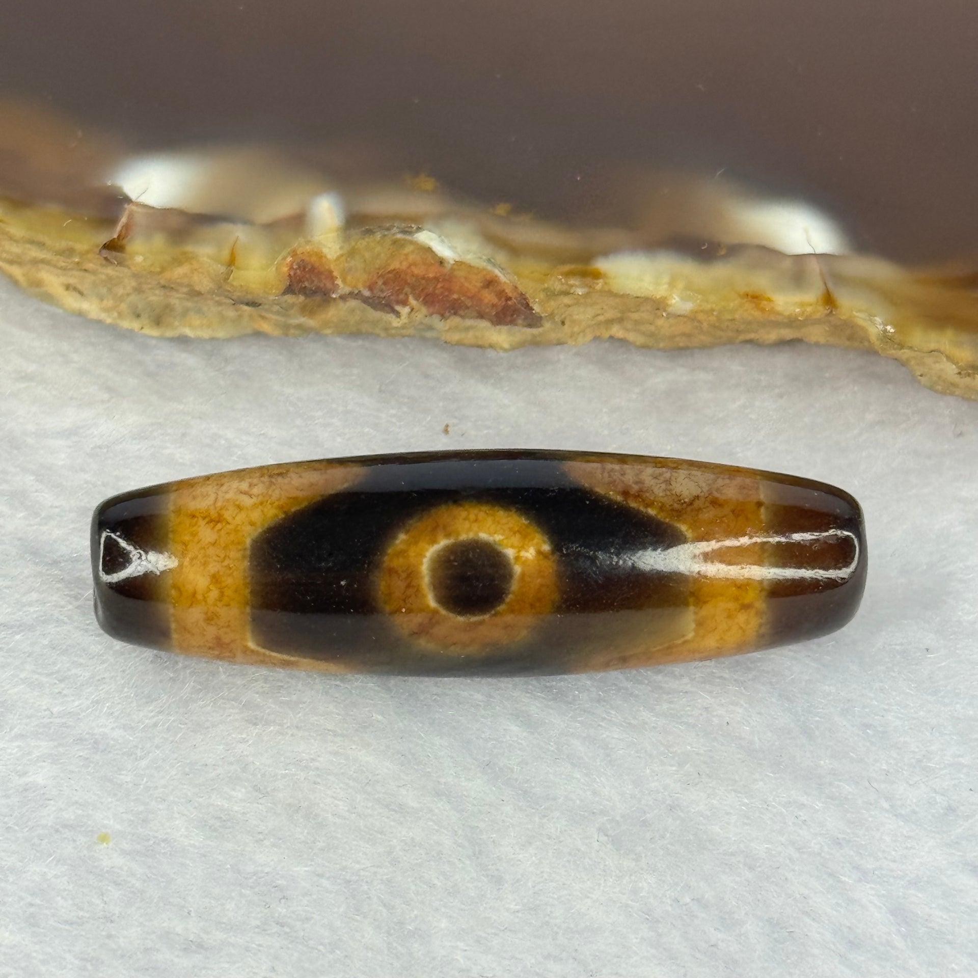 Natural Powerful Tibetan Old Oily Agate 3 Eyes Dzi Bead Heavenly Master (Tian Zhu) 三眼天诛 6.98g 37.9 by 11.3mm - Huangs Jadeite and Jewelry Pte Ltd