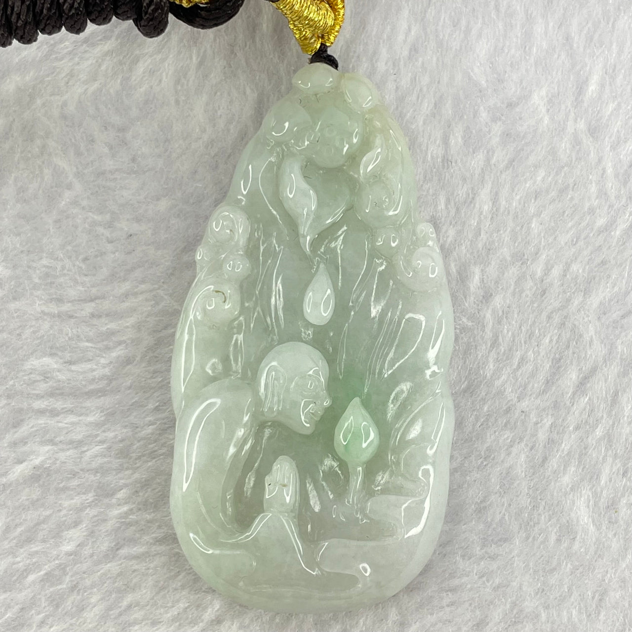 Type A Light Green Jadeite Seeking Enlightenment Pendent 28.45g 58.5 by 30.5 by 10.2mm