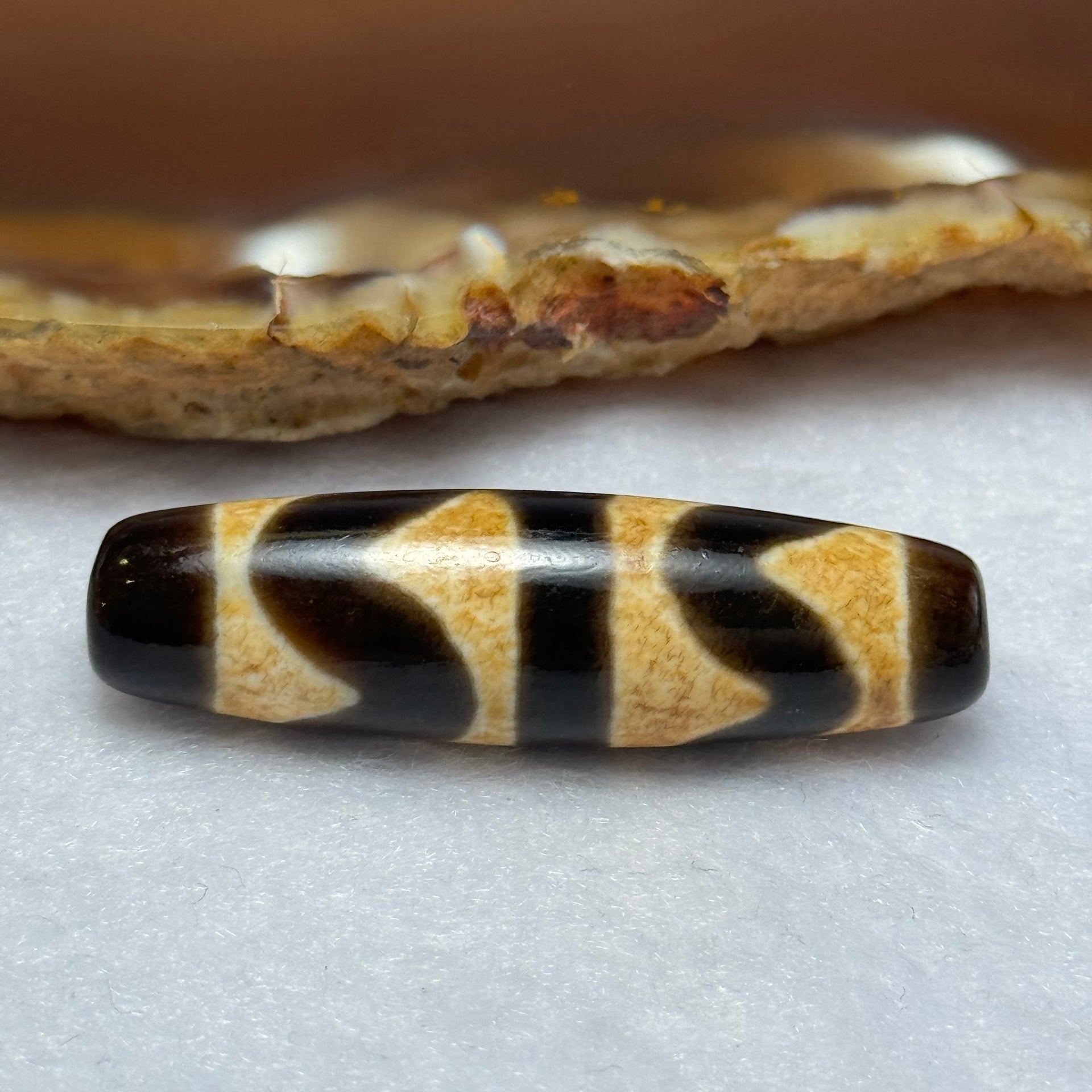 Natural Powerful Tibetan Old Oily Agate Double Tiger Tooth Daluo Dzi Bead Heavenly Master (Tian Zhu) 虎呀天诛 7.06g 39.4 by 11.1mm - Huangs Jadeite and Jewelry Pte Ltd