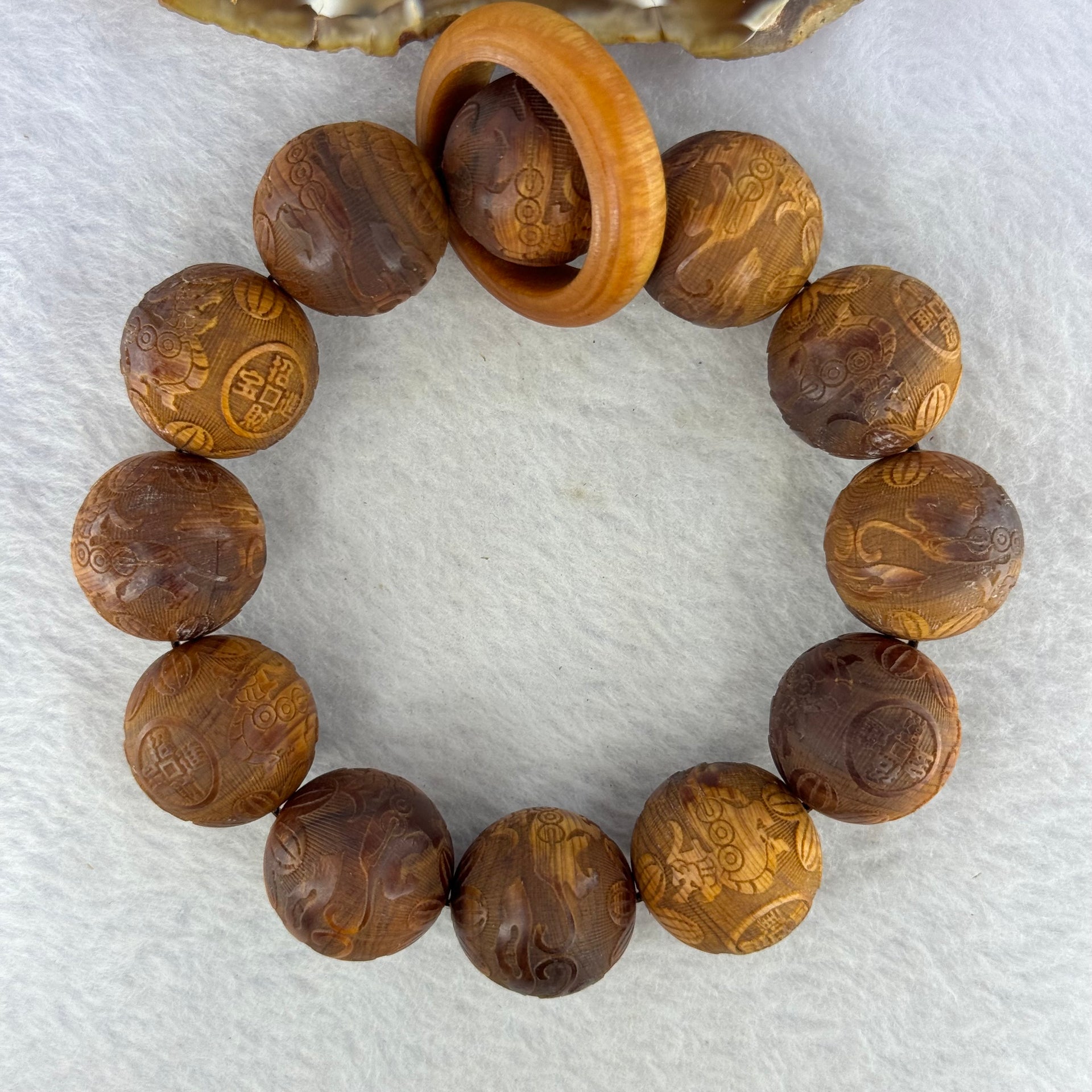 Natural Yabai Wood Pixiu Pair with Prosperity Coin Beads Bracelet for Wealth and Protection 天然崖柏木貔貅手链 58.50g 20.5 mm 12 Beads / Ring 8.2 by 6.5 mm - Huangs Jadeite and Jewelry Pte Ltd