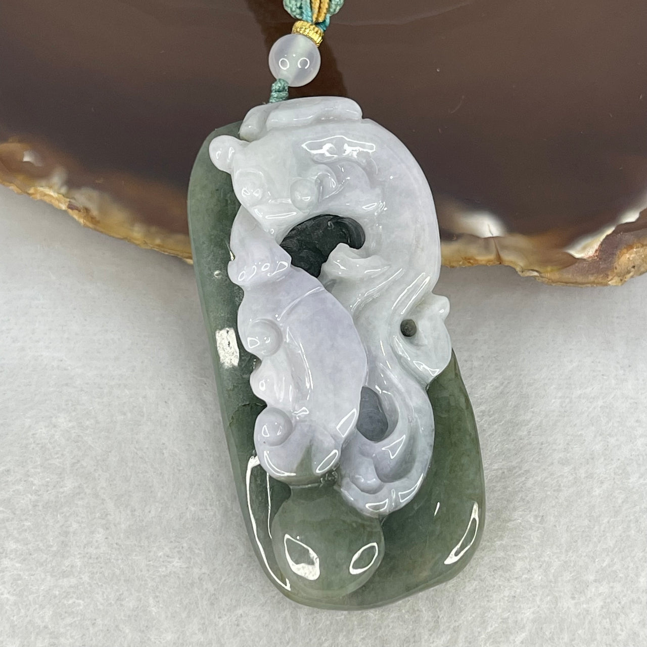 Type A Faint Lavender and Blueish Green Jadeite Pixiu with Ruyi Pendant 50.30g 60.7 by 29.8 by 16.9mm