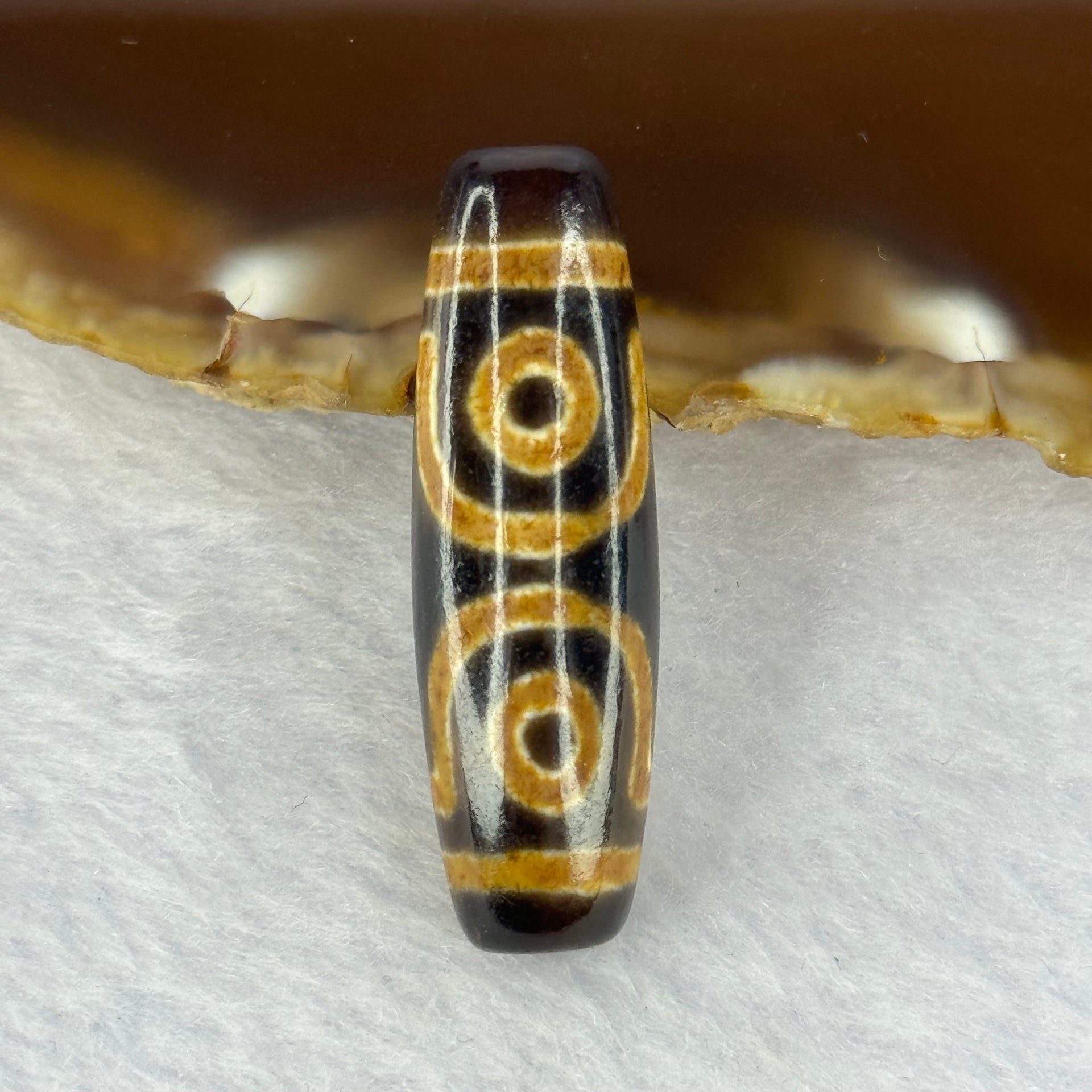 Natural Powerful Tibetan Old Oily Agate 3 Eyes Dzi Bead Heavenly Master (Tian Zhu) 三眼天诛 6.79g 36.3 by 11.2mm - Huangs Jadeite and Jewelry Pte Ltd