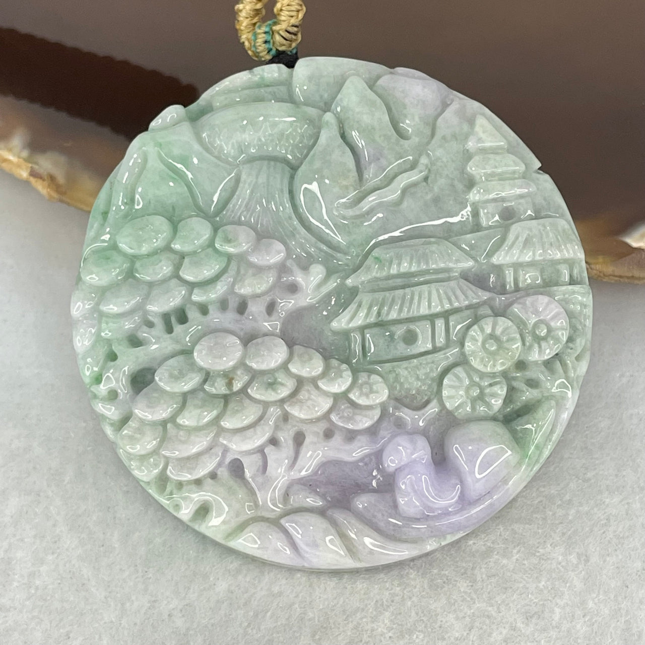 Type A Light Green Lavender Jadeite Double Sided Shan Shui Pendant 77.93g 50.2 by 14.5mm