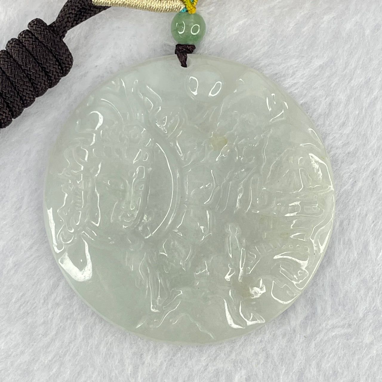 Type A Faint Green Lavender Jadeite Guan Yin with Shan Shui Benefactor Pendant 39.16g 52.9 by 6.5mm