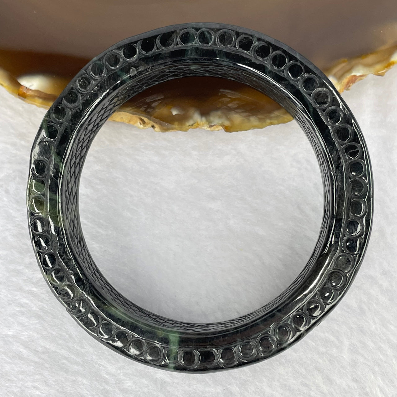 Type A Black to Dark Grey with Dark Green Piao Hua Jadeite Bangle 81.72g 17.1 by 8.2 mm Internal Diameter 53.6 mm (Slight External Rough) - Huangs Jadeite and Jewelry Pte Ltd