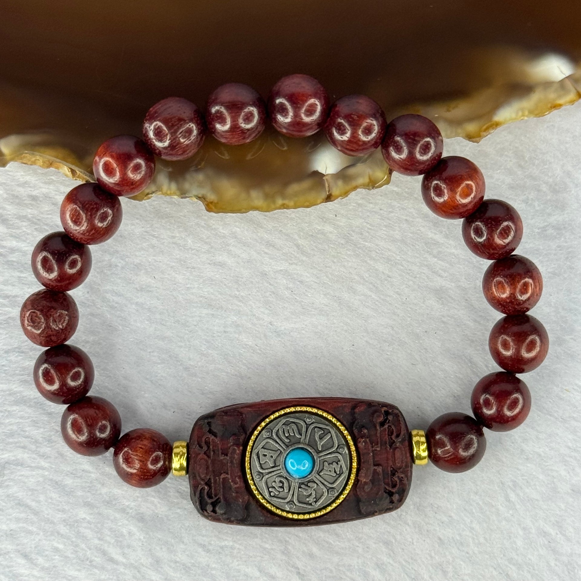 Natural Blood Zitan Beads with Rotating Turquoise Om Mani Padme Hum Powerful Mantra Bracelet 天然血檀木旋转唵嘛呢叭咪吽手链 10.58g 15cm 8.1mm 18 Beads / 30.2 by 17.2 by 7.4mm - Huangs Jadeite and Jewelry Pte Ltd