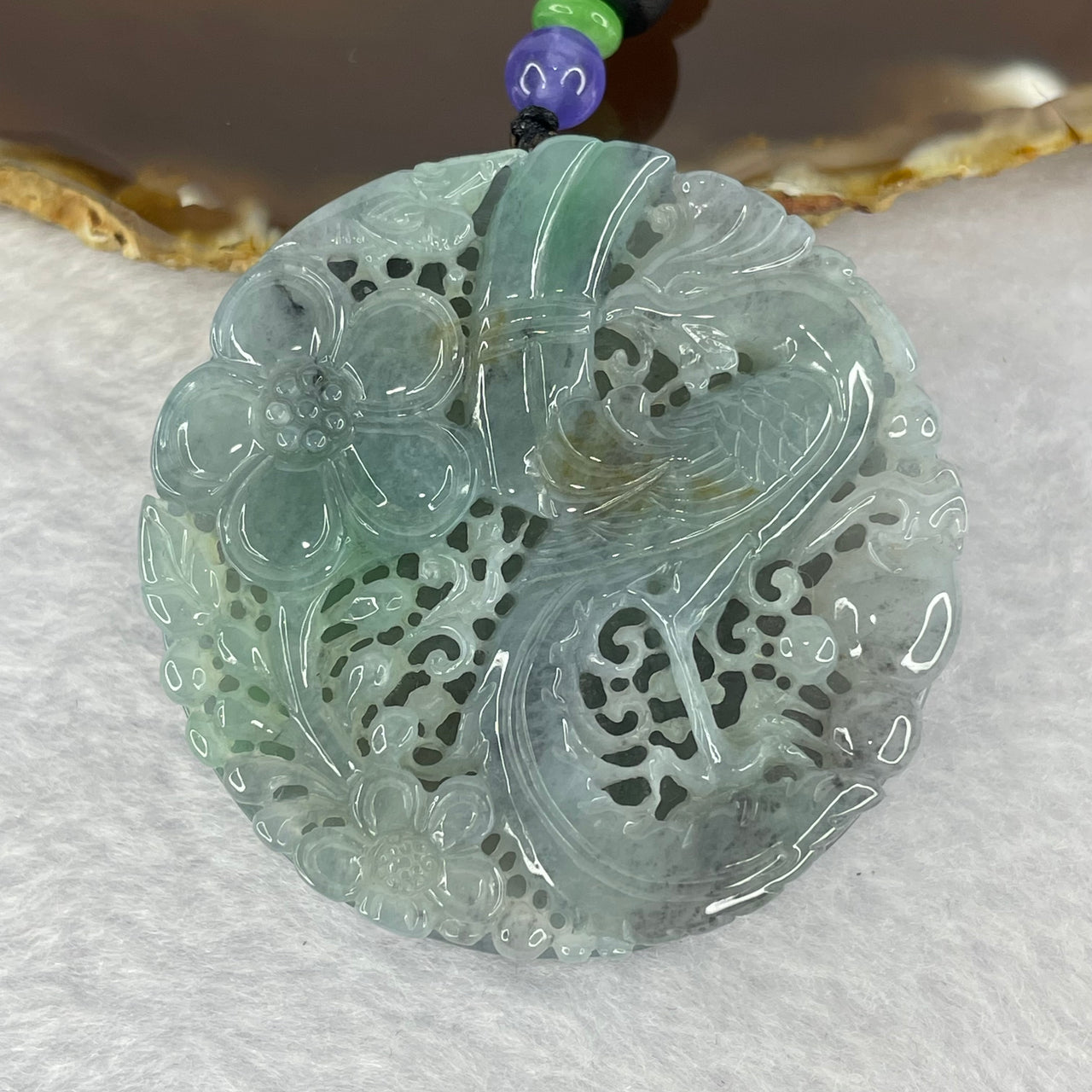 Grandmaster Certified Type A Semi Icy Sky Blue with Wuji Lavender with Black Patches Jadeite Phoenix and Flowers Pendent 71.76g 51.0 by 13.0 mm - Huangs Jadeite and Jewelry Pte Ltd