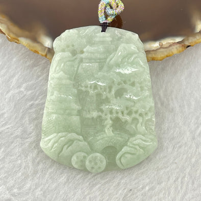 Type A Light Green Jadeite Shan Shui with Benefactor Pendant Necklace 23.35g 49.3 by 39.6 by 5.0mm