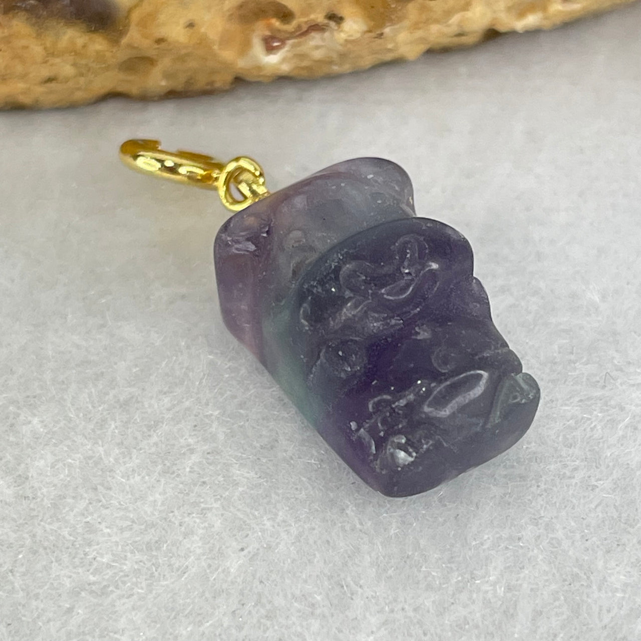 Natural Purple and Green Fluorite Ox Charm Pendant 3.99g 17.5 by 11.2 by 9.7mm