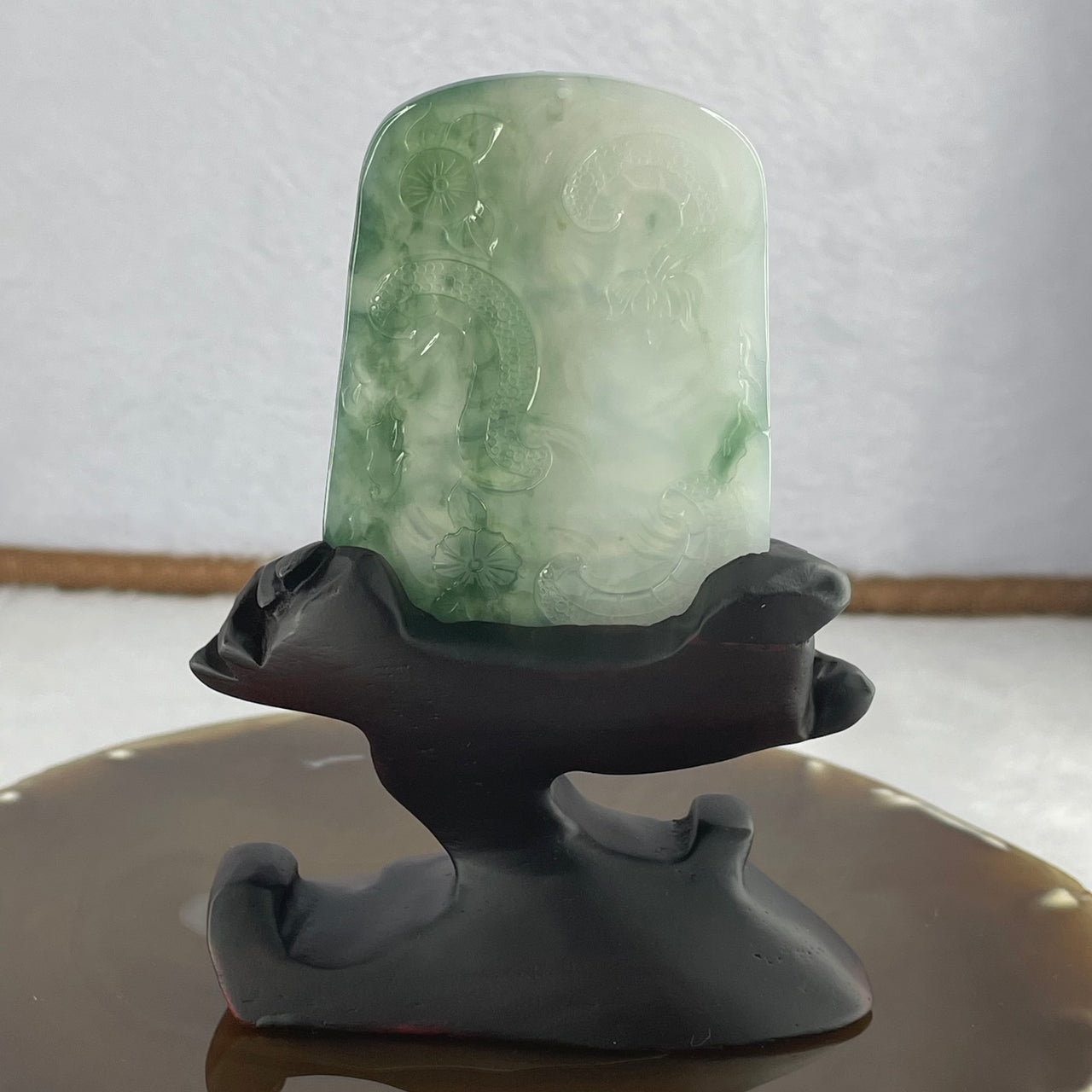 Grand Master Icy Type A Dual Color Green Jadeite Mahasthamaprapta Bodhisattva Guan Yin 44.37g 67.5 by 49.3 by 5.3mm with Wooden Stand - Huangs Jadeite and Jewelry Pte Ltd