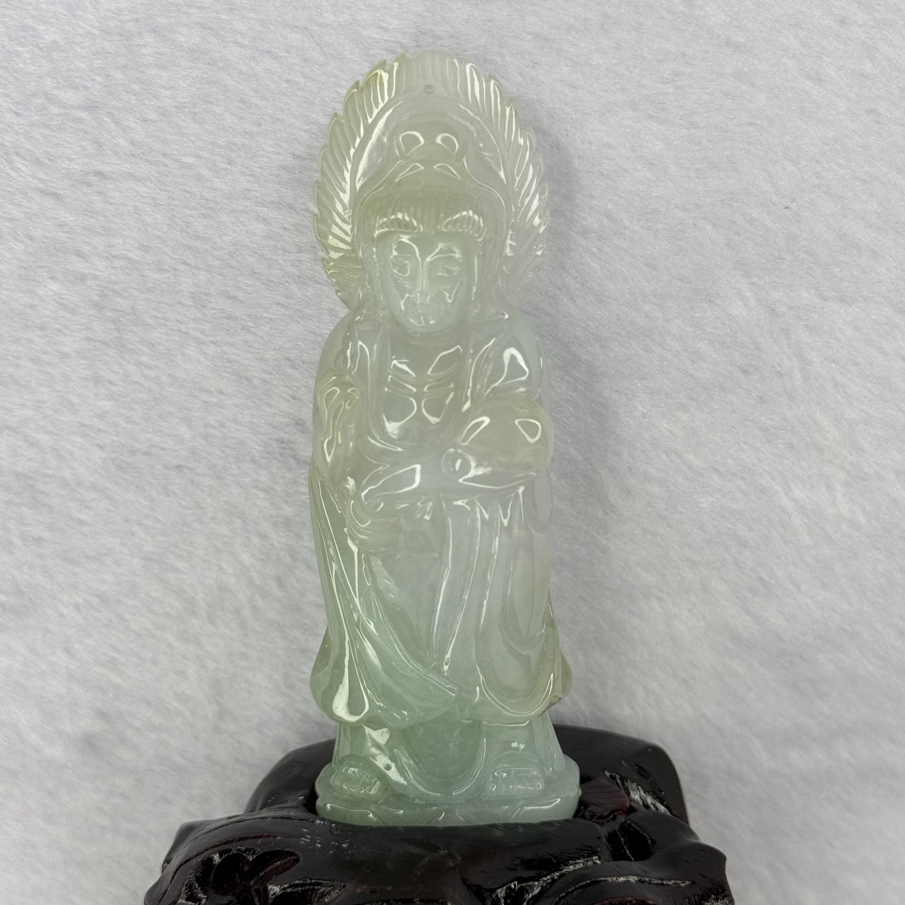 Type A Light Green Lavender Jadeite Small Guan Yin Display with Wooden Stand 188.85g 120.8 by 66.2 by 58.2mm - Huangs Jadeite and Jewelry Pte Ltd