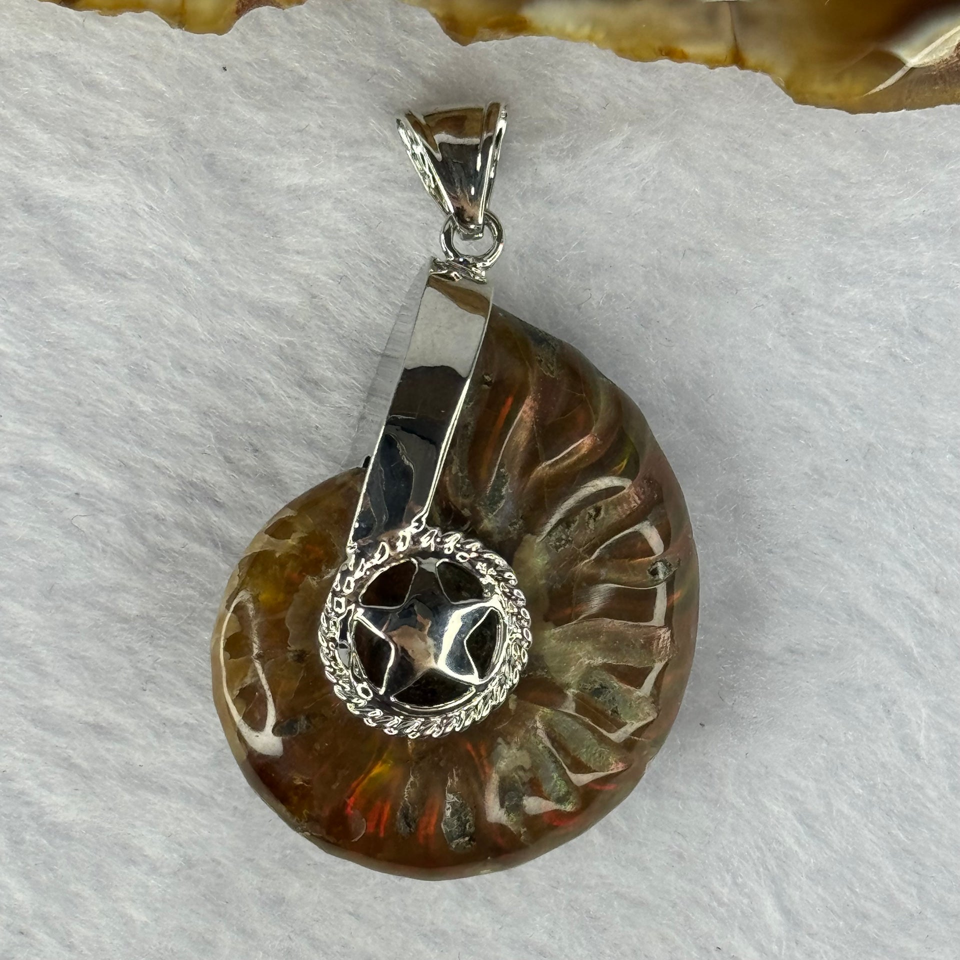 Natural Ammolite Fossil In Sliver Pendent/Charm 14.36g 31.5 by 26.5 by 10.5mm - Huangs Jadeite and Jewelry Pte Ltd