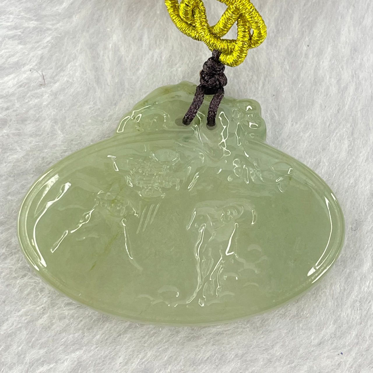 Type A Semi Icy Green Jadeite Double Sided Shan Shui with Horse Pendent 12.36g 28.8 by 39.9 by 5.1mm