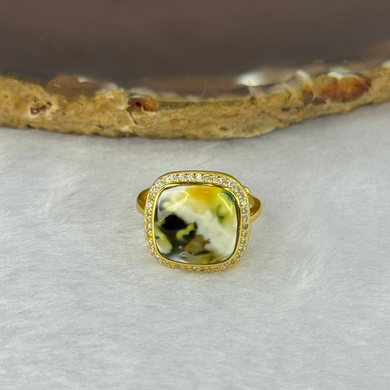 Natural Amber with Crystals in925 Silver in Gold Color Ring 蜜蜡飘白花925银戒指 3.08g 12.4 by 2.0mm - Huangs Jadeite and Jewelry Pte Ltd