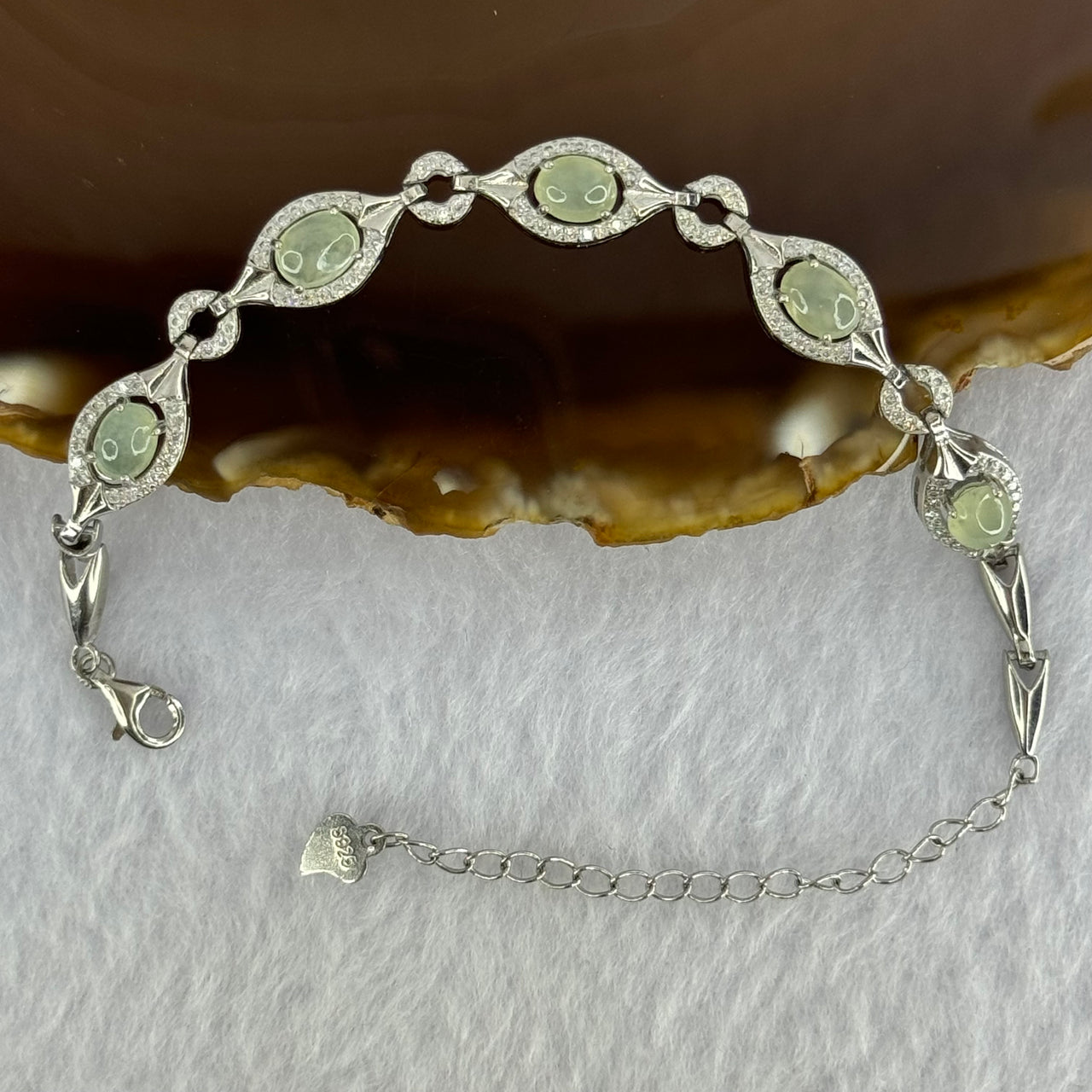 Type A Icy Light Green Cabochon Jadeite in S925 Sliver Bracelet with Zirconia 7.09g 6.1 by 5.0 by 2.0mm 5 pcs