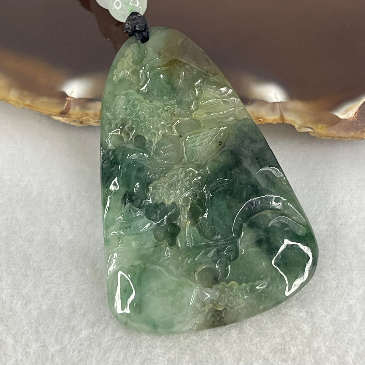 Type A Semi Icy Green Lavender Yellow Piao Hua Jadeite Double Sided Shan Shui with Gui Ren Benefactor Pendant 18.43g 40.8 by 34.1 by 6.2mm