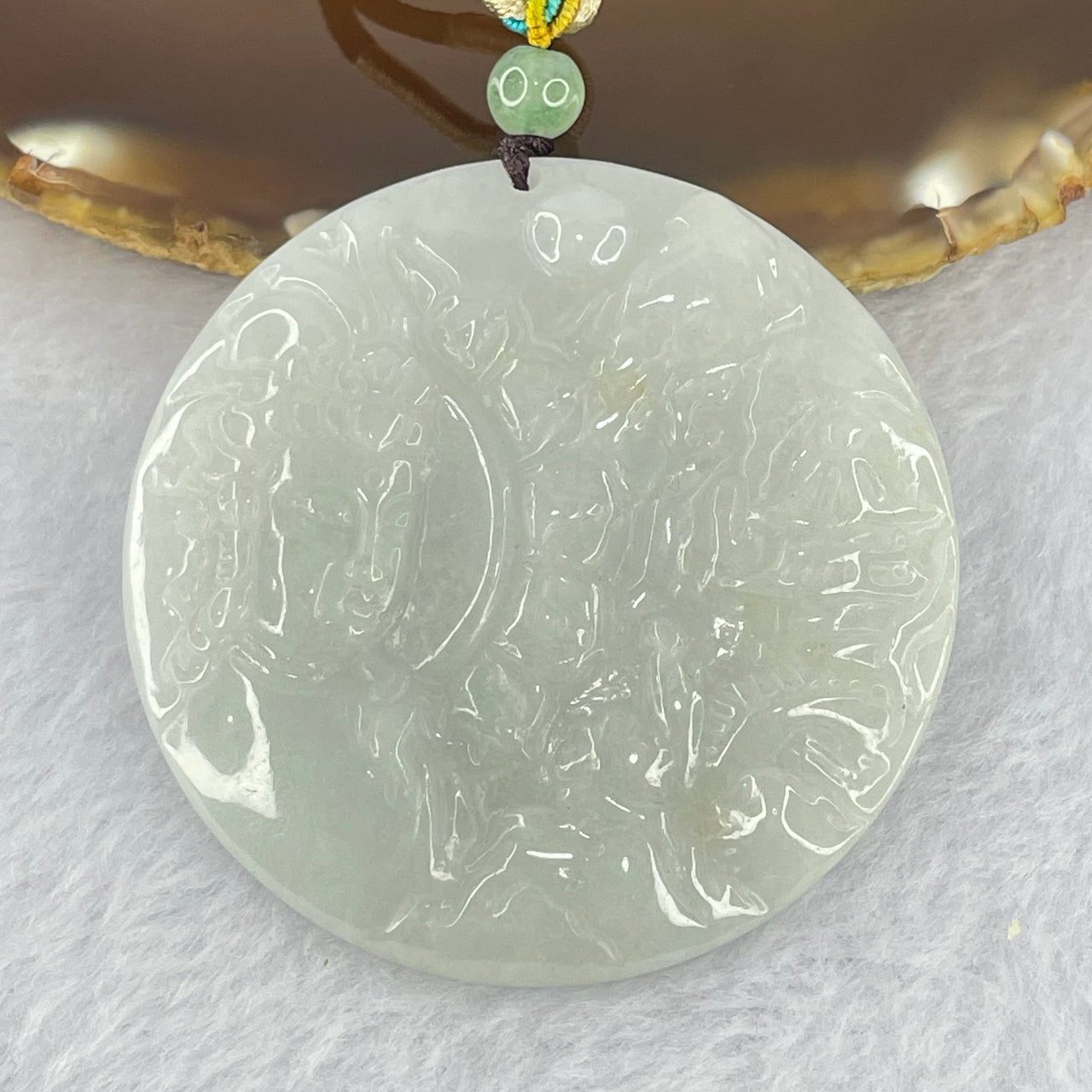 Type A Faint Green Lavender Jadeite Guan Yin with Shan Shui Benefactor Pendant 39.16g 52.9 by 6.5mm