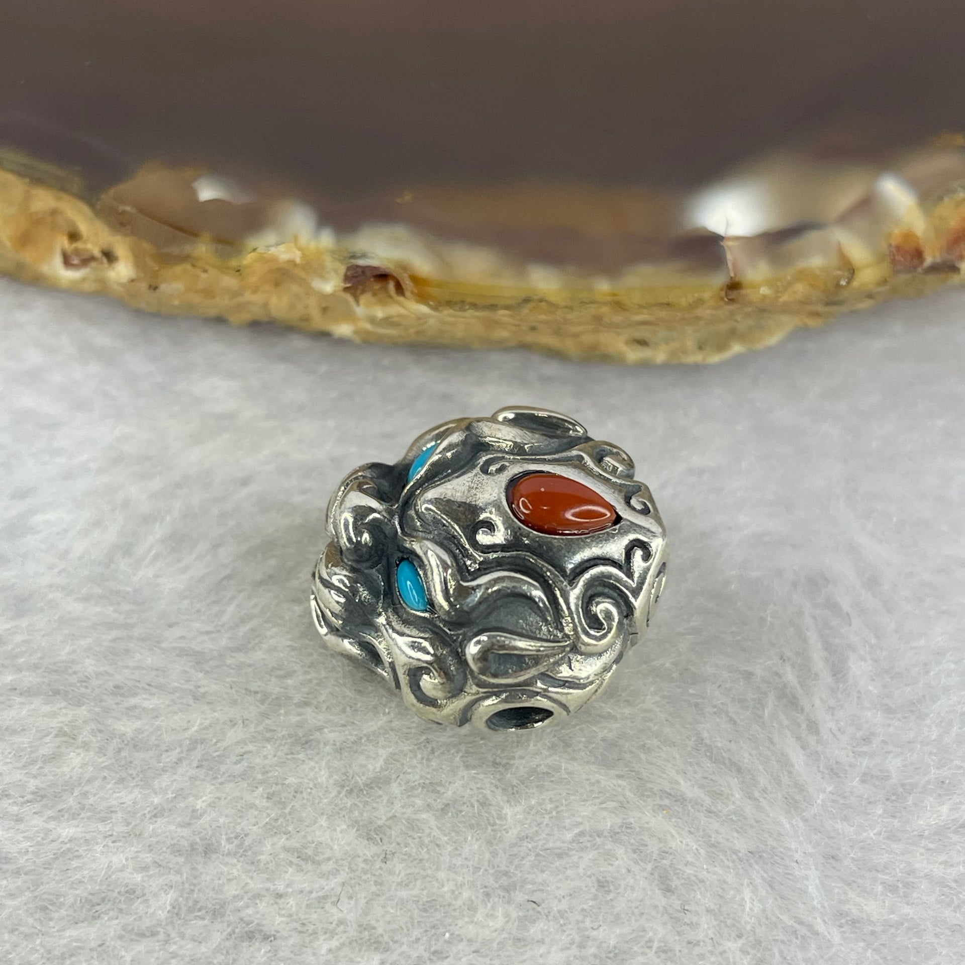 925 Sliver Pixiu with Turquoise Eyes and Red Nan Hong Agate Bracelet Charm 7.50g 16.5 by 16.7 by 12.0 mm - Huangs Jadeite and Jewelry Pte Ltd