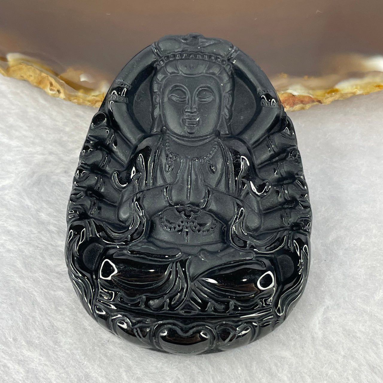 Type A Partial Translucent Black Omphasite Jadeite Thousand Hands Guan Yin Pendent A货墨翠千手观音牌 32.64g 60.6 by 44.4 by 7.6 mm - Huangs Jadeite and Jewelry Pte Ltd