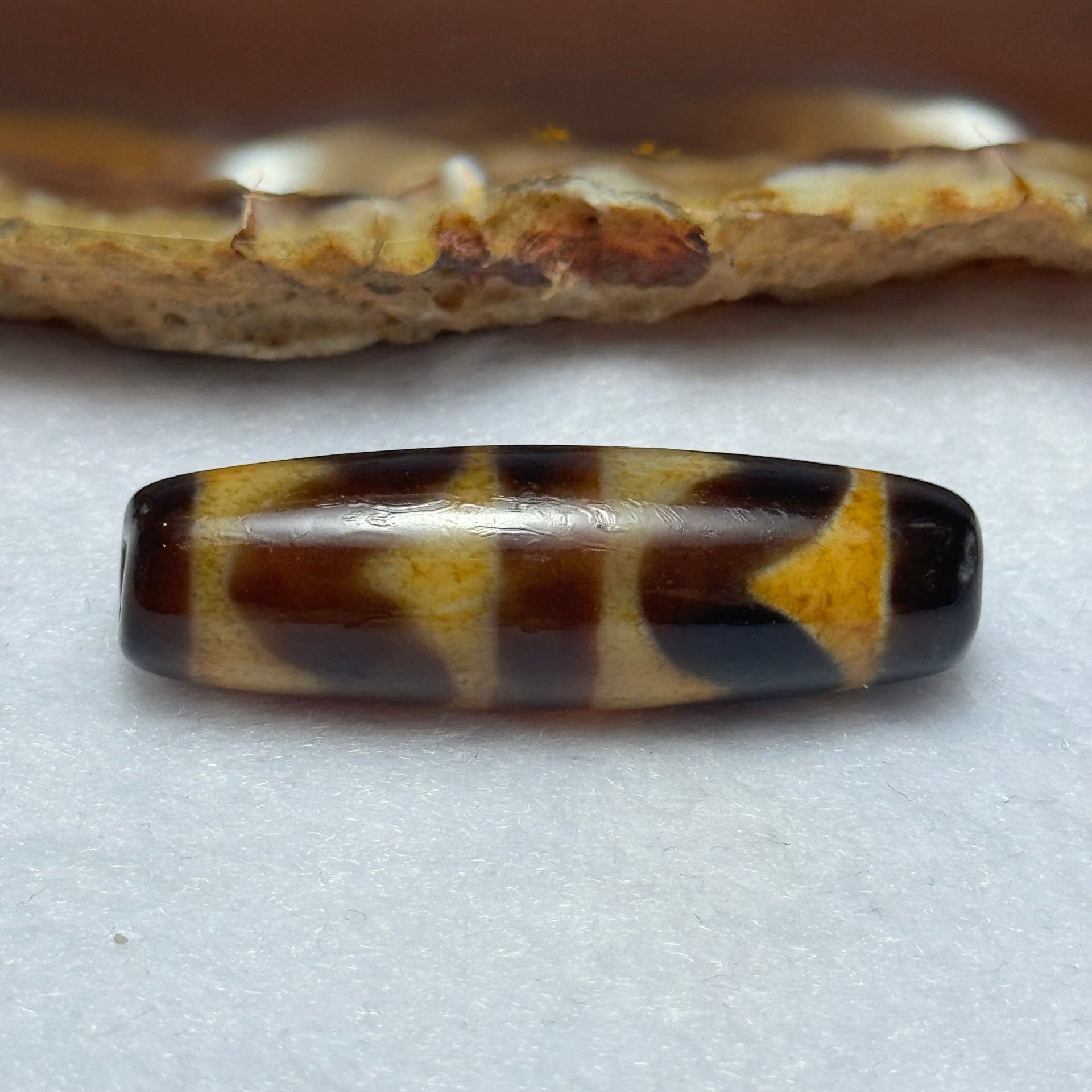 Natural Powerful Tibetan Old Oily Agate Double Tiger Tooth Daluo Dzi Bead Heavenly Master (Tian Zhu) 虎呀天诛 7.33g 37.3 by 11.5mm - Huangs Jadeite and Jewelry Pte Ltd