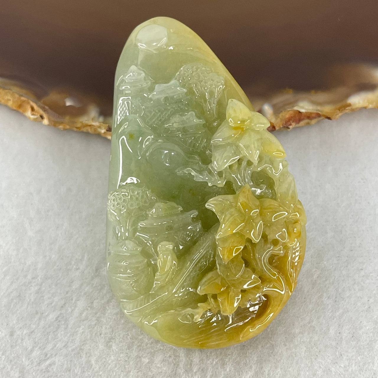 Type A Blueish Green with Yellow Brown Patches Jadeite Shan Shui with Gui Ren Benefactor Pendant 41.42g 56.0 by 34.0 by 13.8mm