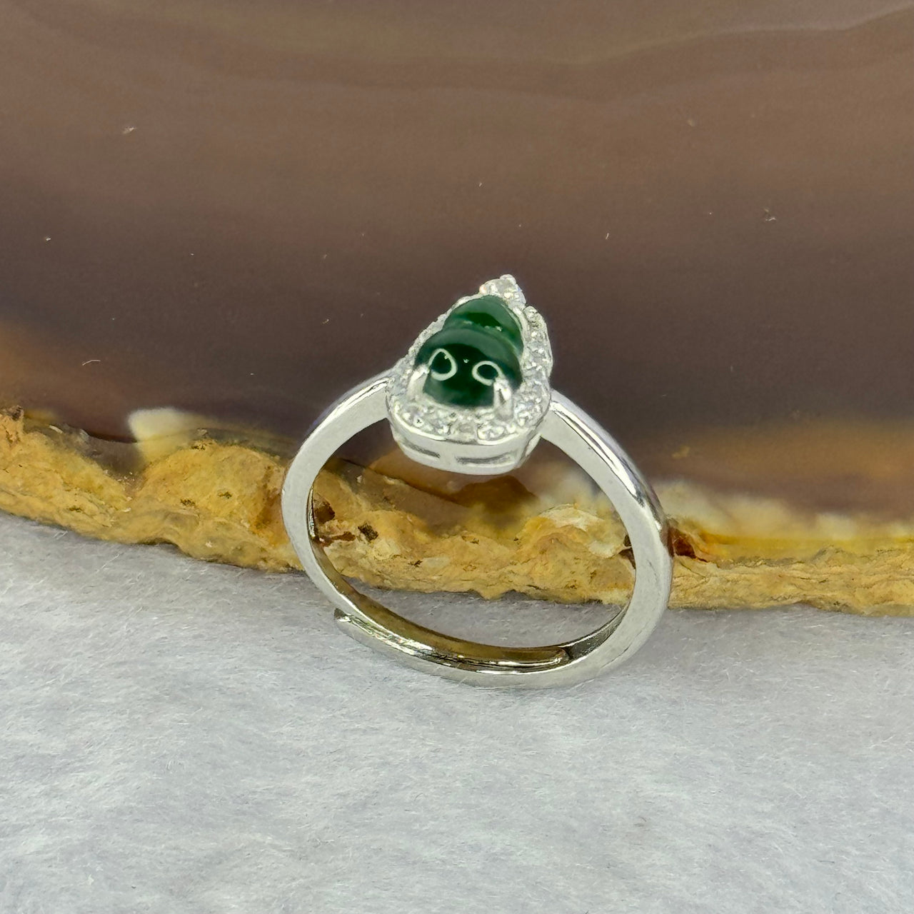 Type A Icy Green Omphasite Jadeite Hulu with Crystals in S925 Sliver Ring (Adjustable Size) 2.25g 7.0 by 5.0 by 2.5mm