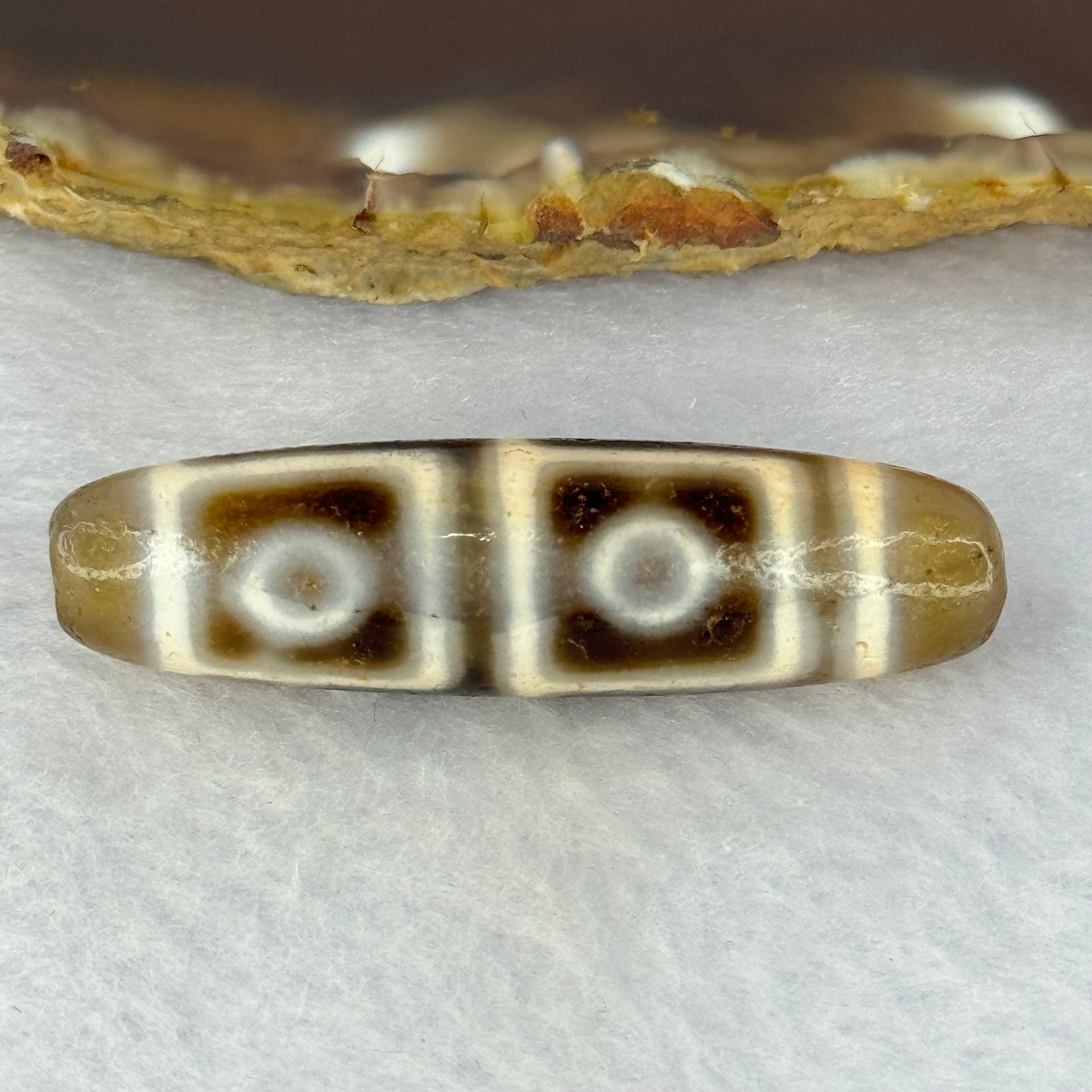 Natural Powerful Tibetan Old Oily Agate 4 Eyes Dzi Bead Heavenly Master (Tian Zhu) 四眼天诛 11.70g 46.8 by 12.8mm - Huangs Jadeite and Jewelry Pte Ltd