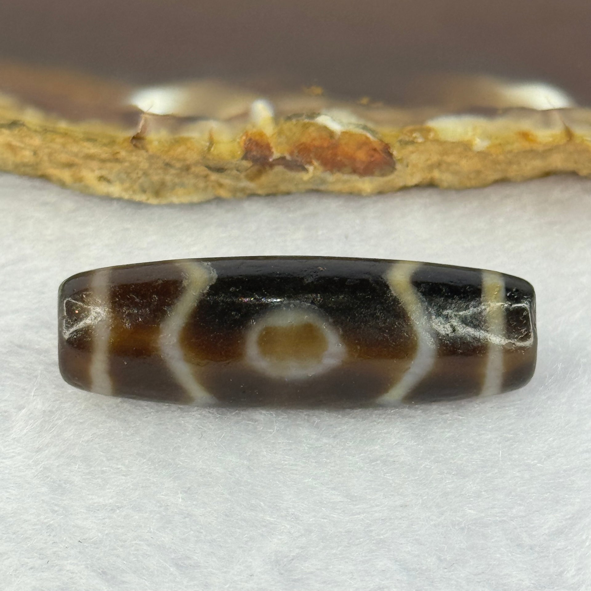 Natural Powerful Tibetan Old Oily Agate 3 Eyes Dzi Bead Heavenly Master (Tian Zhu) 三眼天诛 9.30g 37.9 by 12.5mm - Huangs Jadeite and Jewelry Pte Ltd