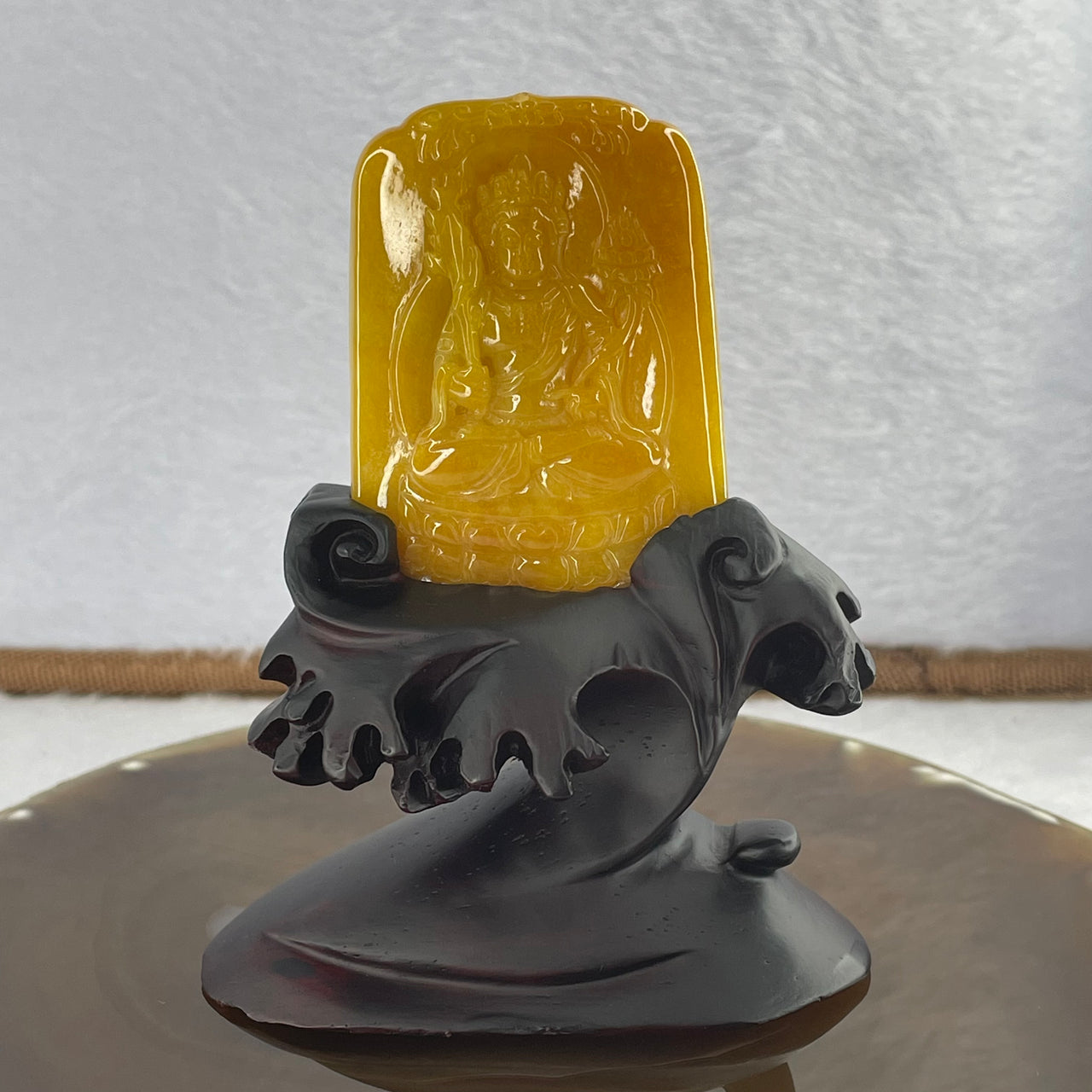 Rare Grand Master Type A Yellow Jadeite Akasagarbha Bodhisattva Guan Yin 50.02g 61.0 by 42.4 by 8.9mm with Wooden Stand - Huangs Jadeite and Jewelry Pte Ltd