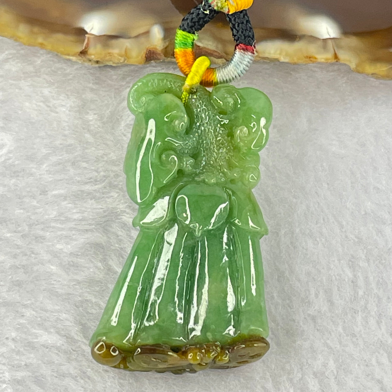 Type A Full Bright Spicy Green and Brown Jadeite Flower Dragonfly Ruyi Coin 17.01g 42.4 by 24.3 by 9.2mm