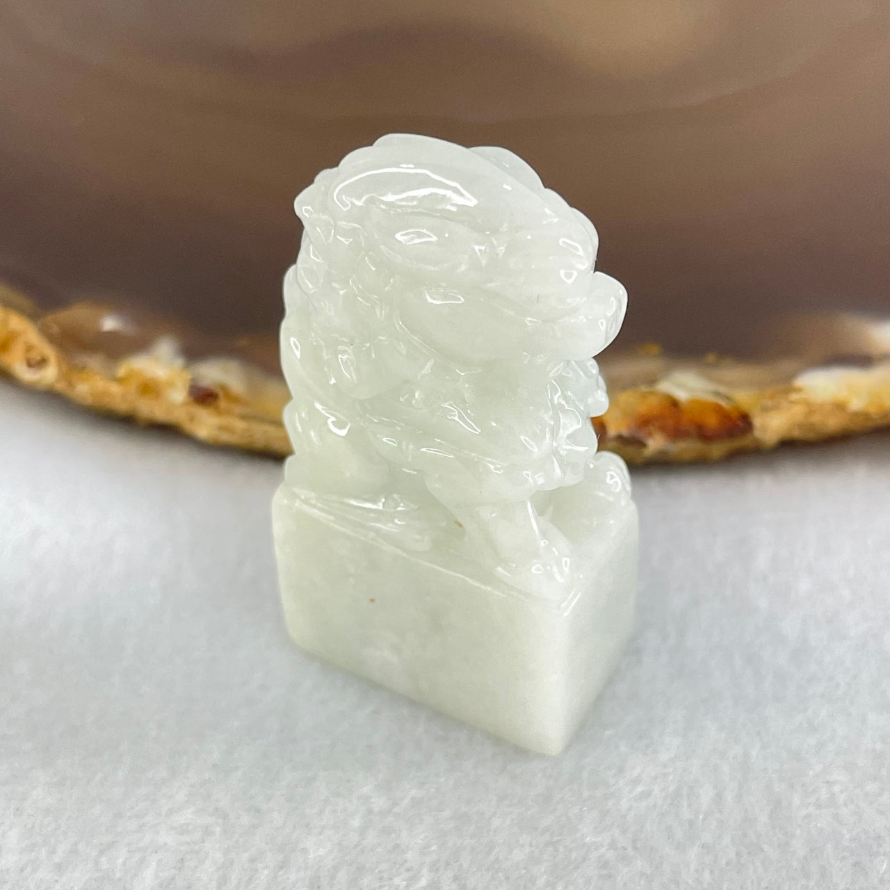 Type A Faint Lavender Green Jadeite Fu Dog Seal Display 24.08g 40.7 by 21.5 by 12.1mm