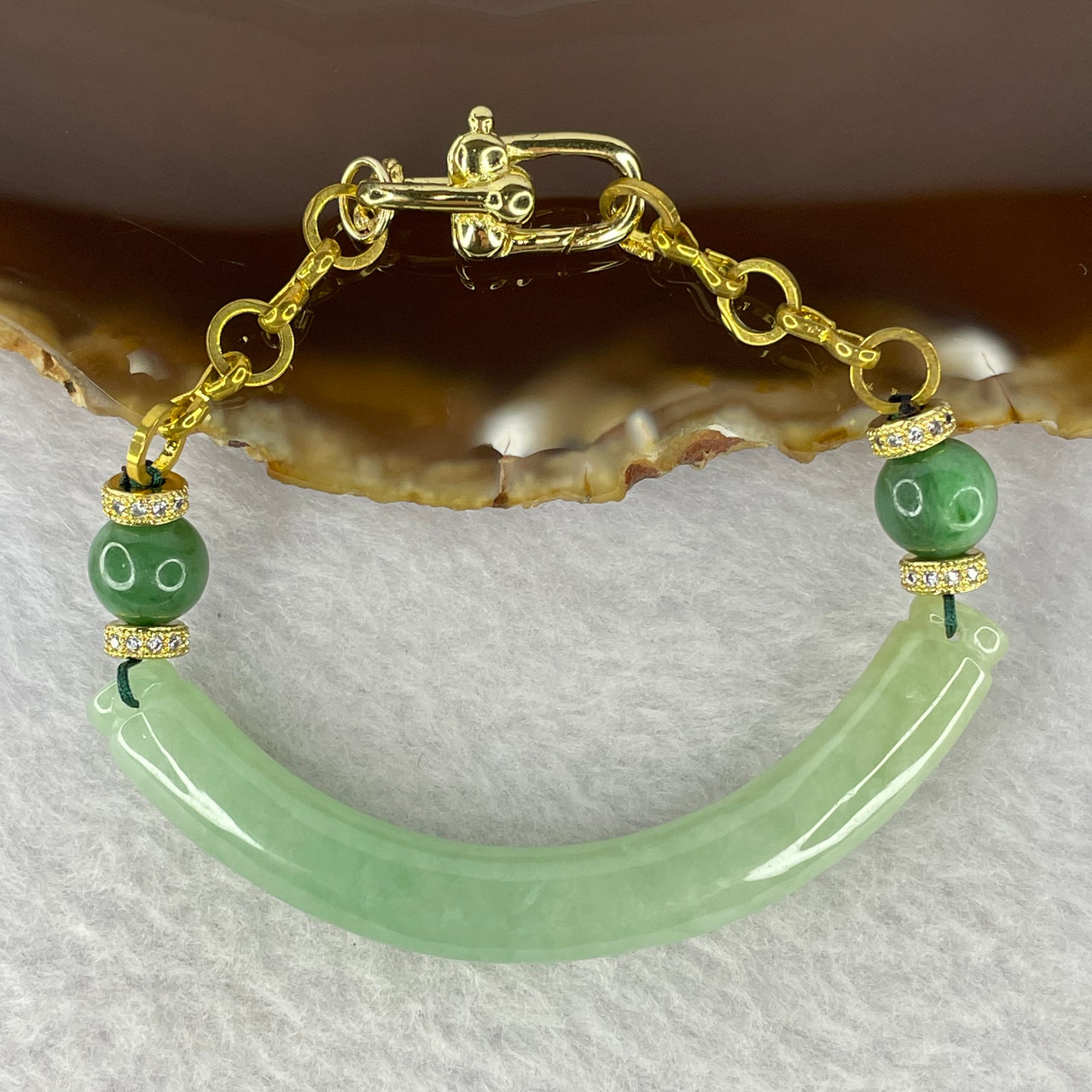 Type A Green with yellow Jadeite Bracelet 17.35g 63.8 by 7.9 mm 8.2 mm 2 Beads - Huangs Jadeite and Jewelry Pte Ltd